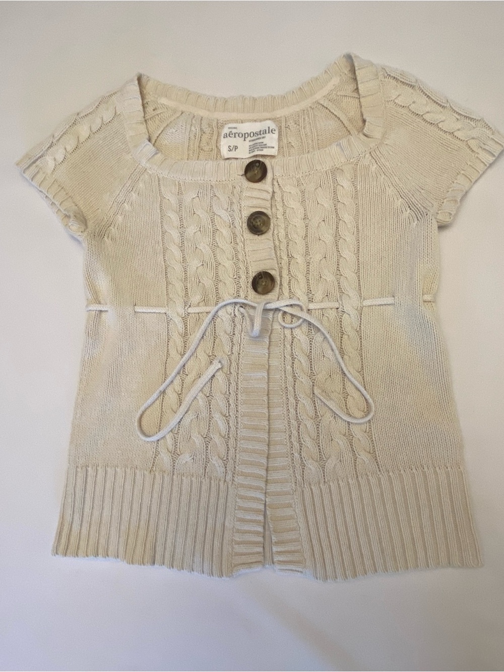 Aeropostale Cream Cable Knit Short Sleeve Cardigan Buttons Tie Small babydoll